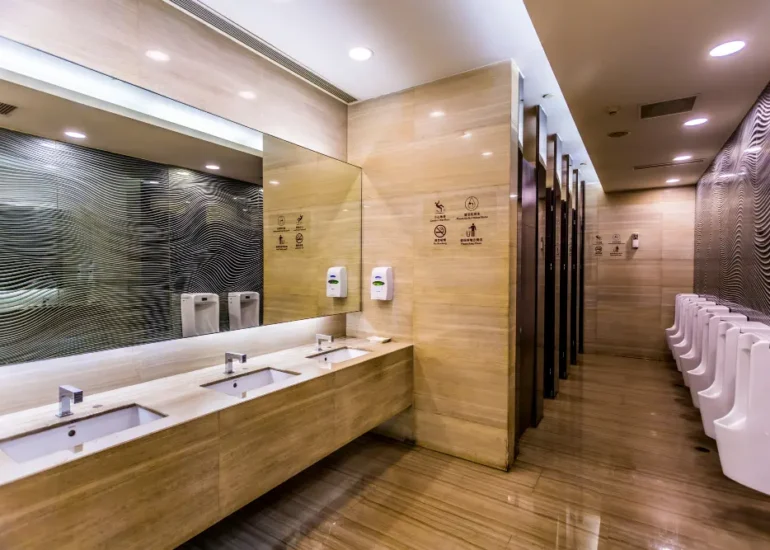 Commercial restroom maintained using Toilet Cleaning Chemicals