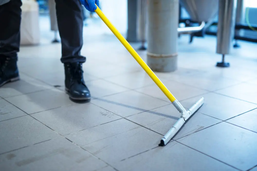 Professional industrial floor cleaning using tile cleaning chemicals for heavy stains in the UAE